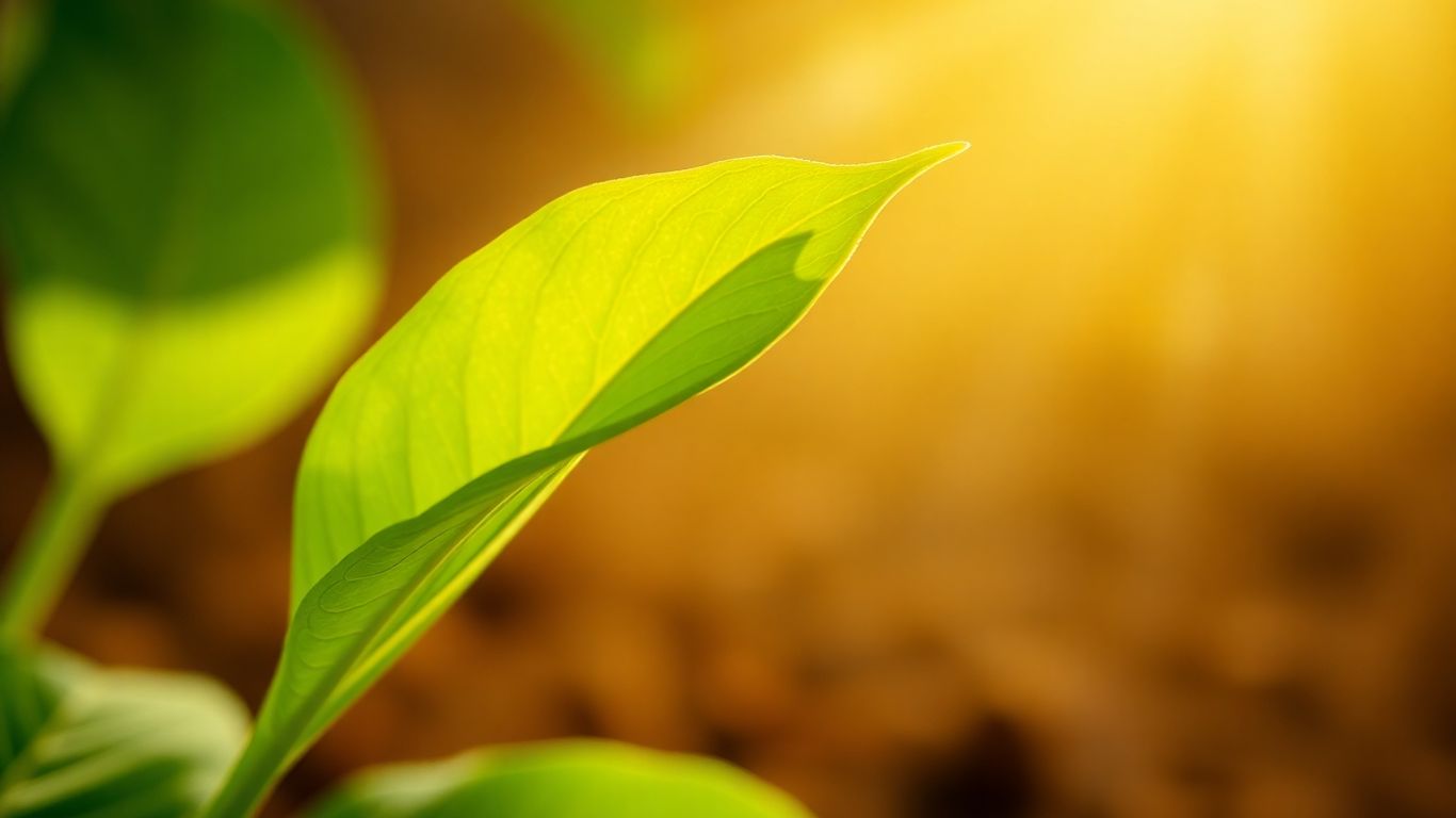 Green leaf with light rays, symbolizing sustainability.