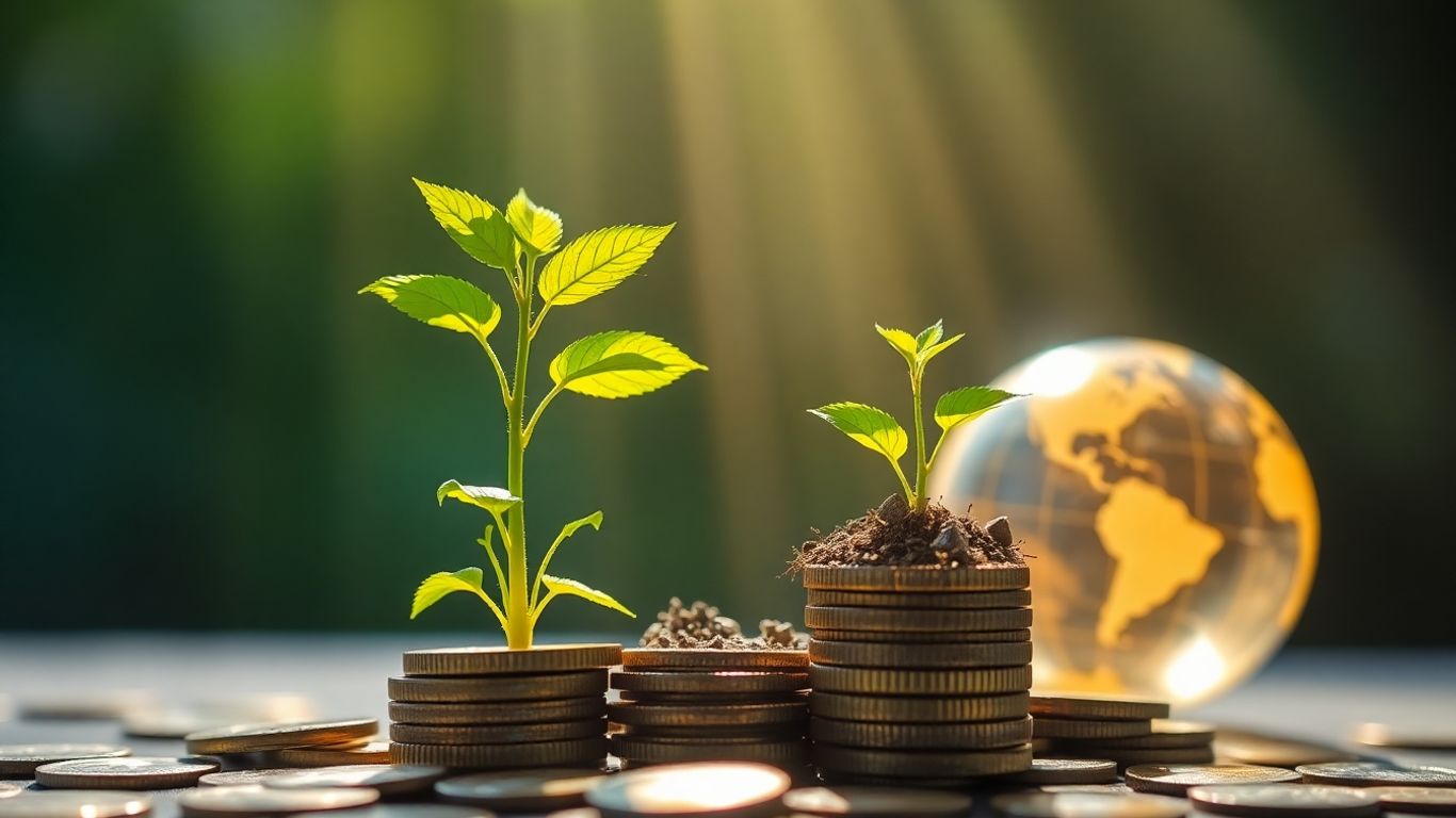 Green plant growing from coins with globe background.