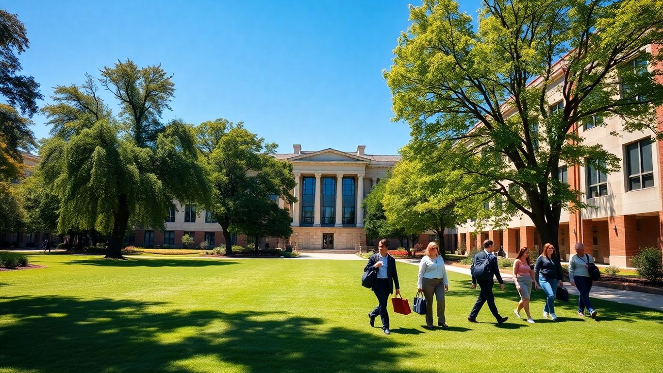 Harvard University campus with students and greenery.