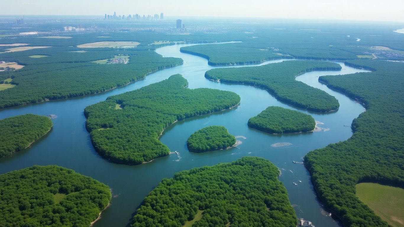 New York watershed with rivers, forests, city skyline.