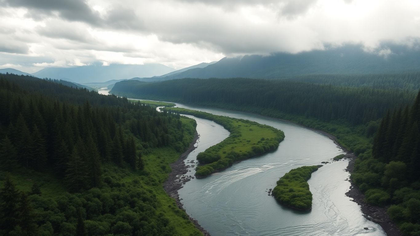 River valley with clouds, forests, and mountains visible.
