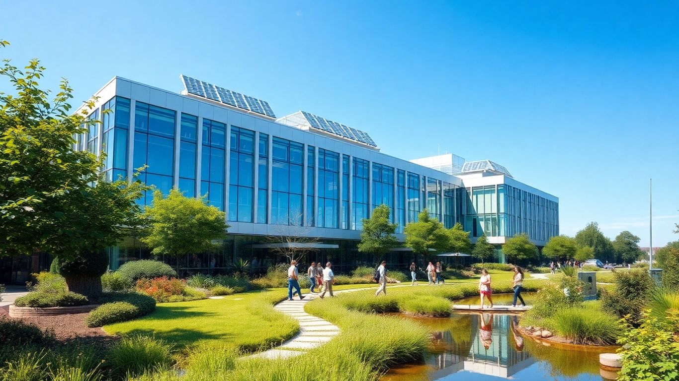 Modern office with greenery and solar panels