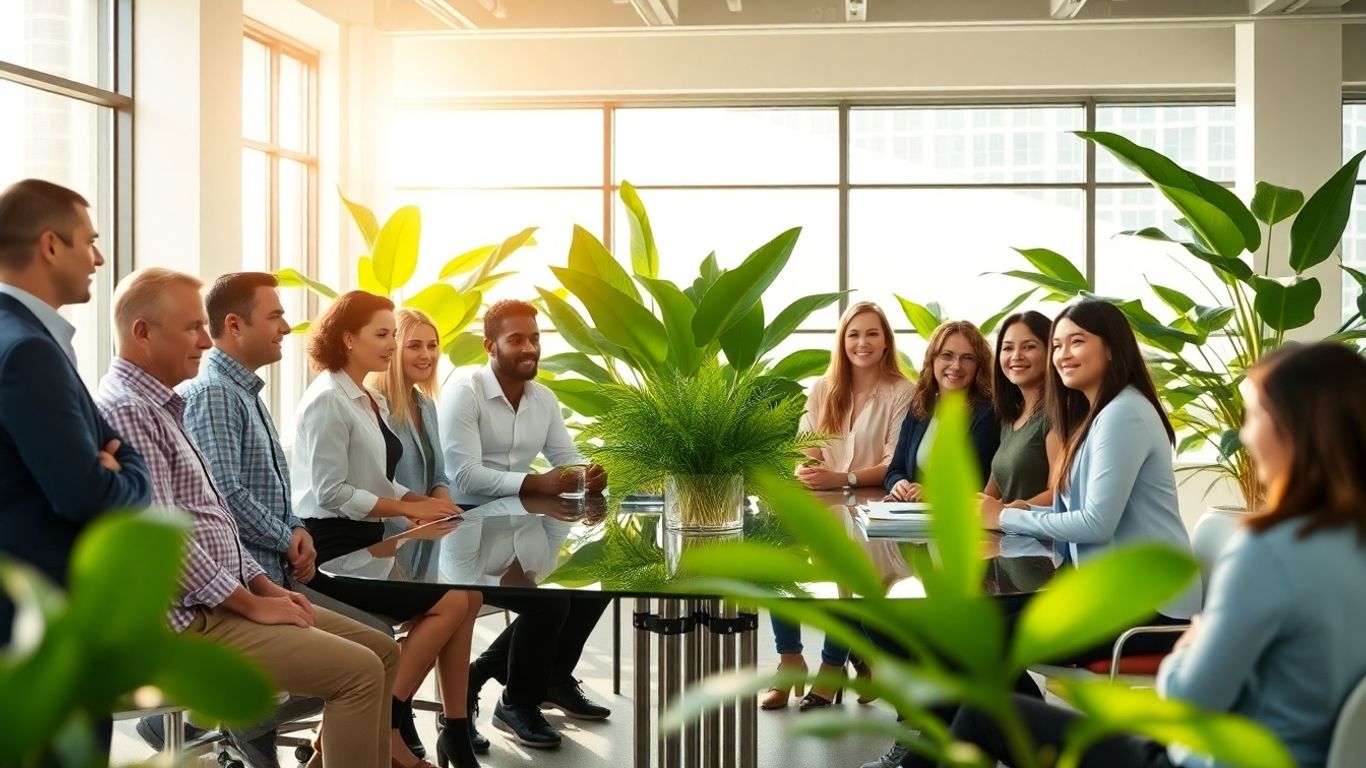 Business team meeting with greenery in bright office