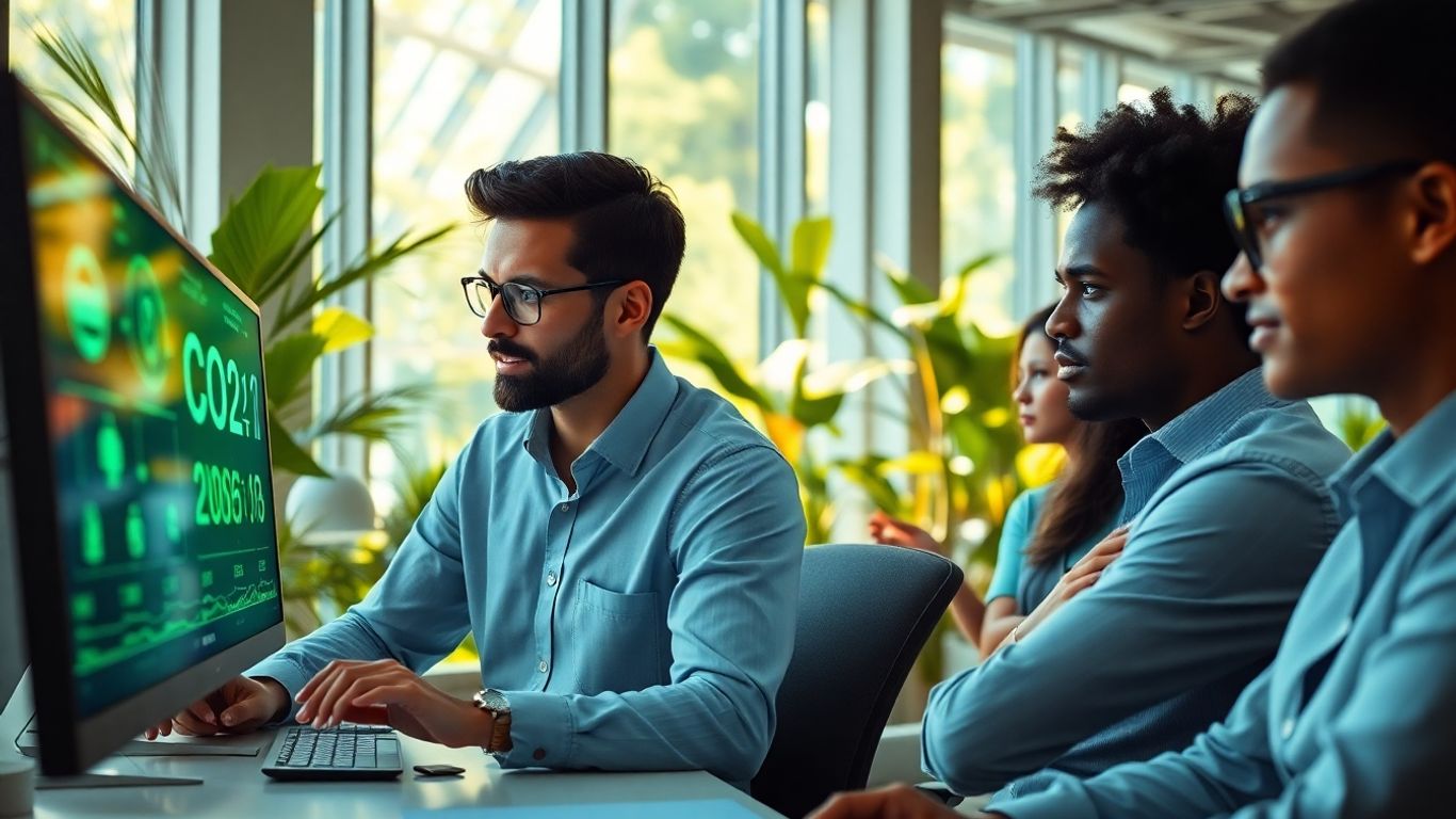 Professionals using AI for carbon accounting in office