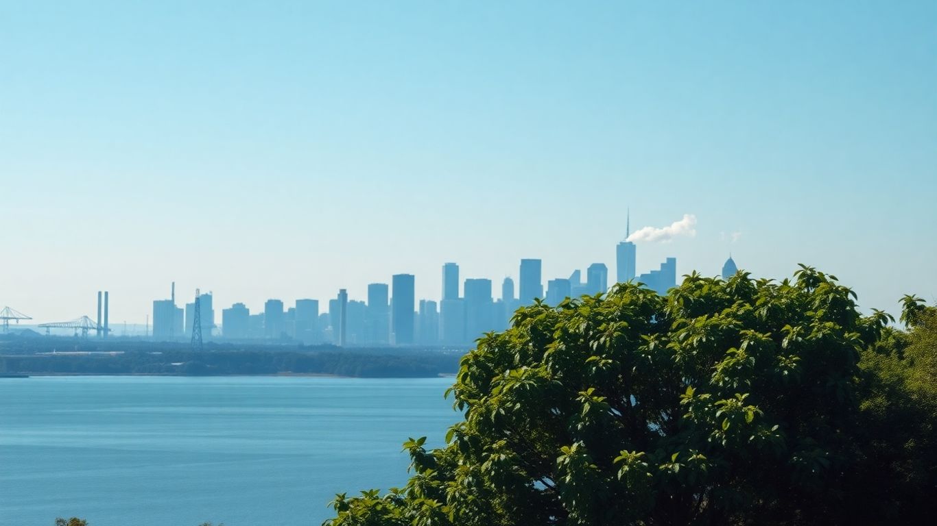 City skyline with emissions and green trees foreground