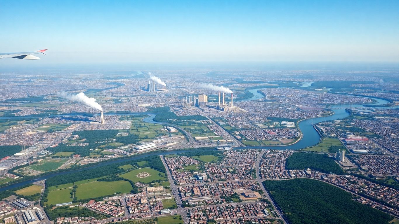 Factories and green areas in an industrial cityscape.