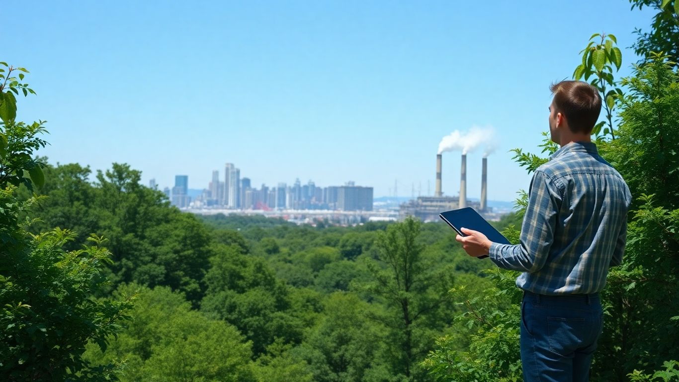 Person with tablet watching factory near green forest.
