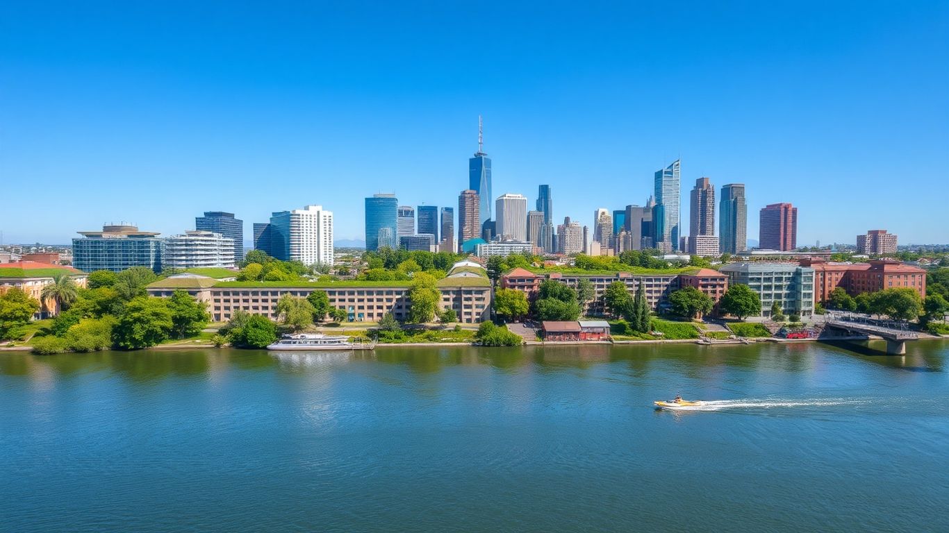 Cityscape with green roofs and river, eco-friendly environment