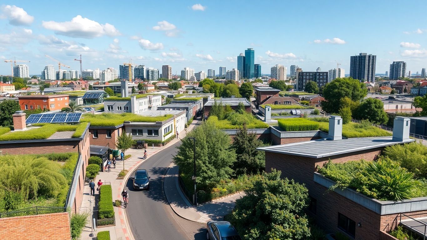 Green city with solar panels and cyclists in 2025