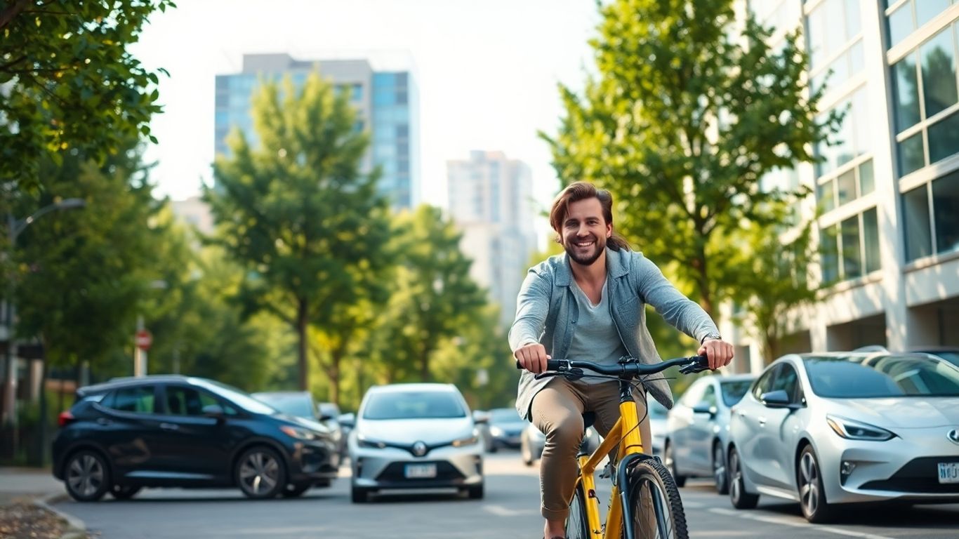 Person cycling past electric cars in a green city