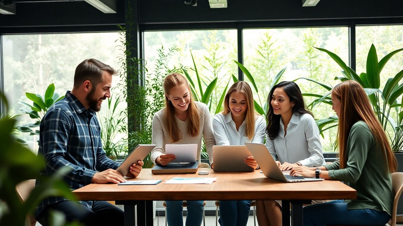 Environmental professionals collaborating in a modern eco-friendly office.