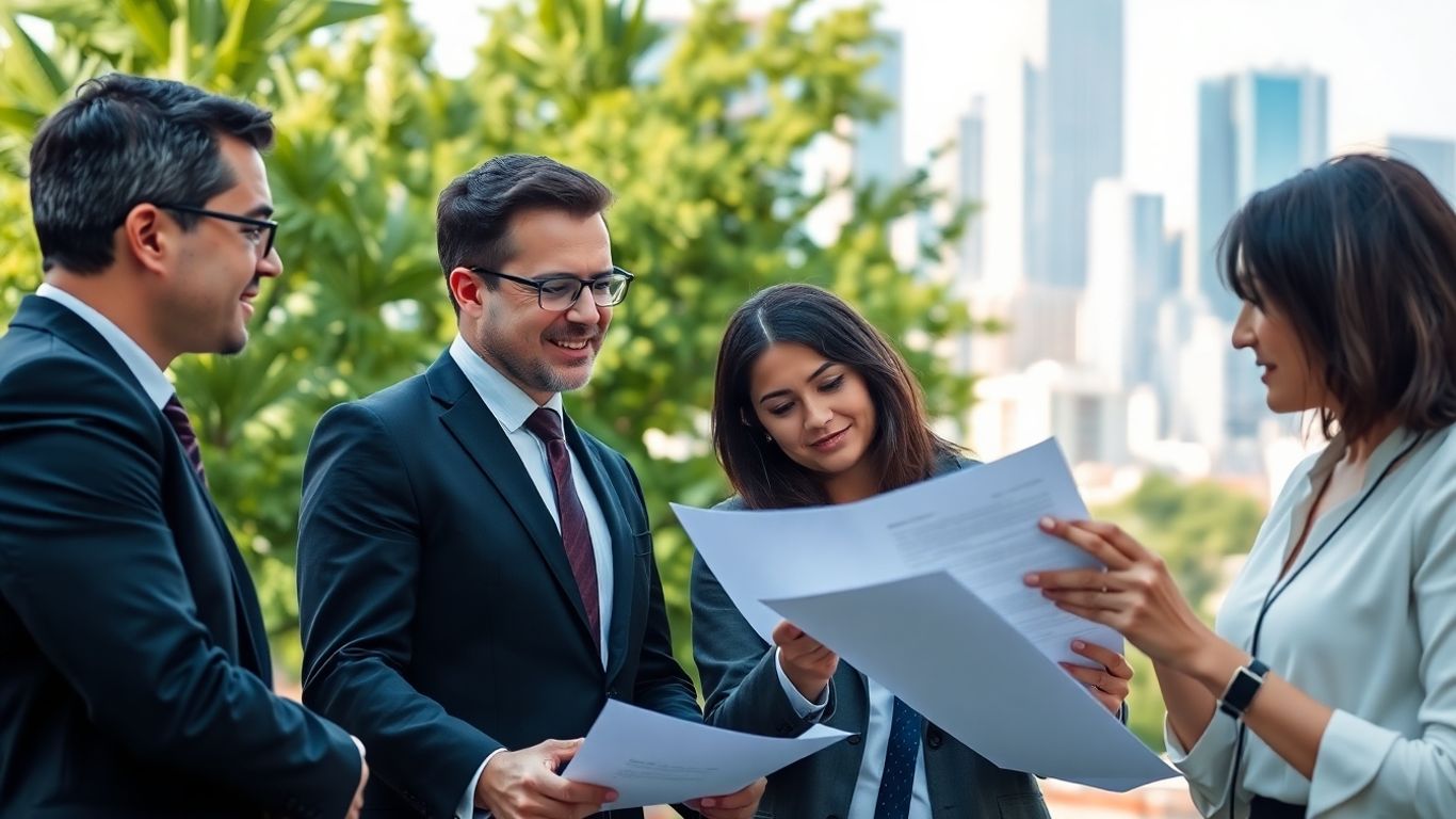 Team outdoors discussing environmental sustainability and disclosure.