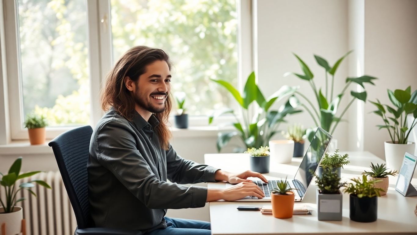 Remote worker with plants at eco-friendly modern workspace