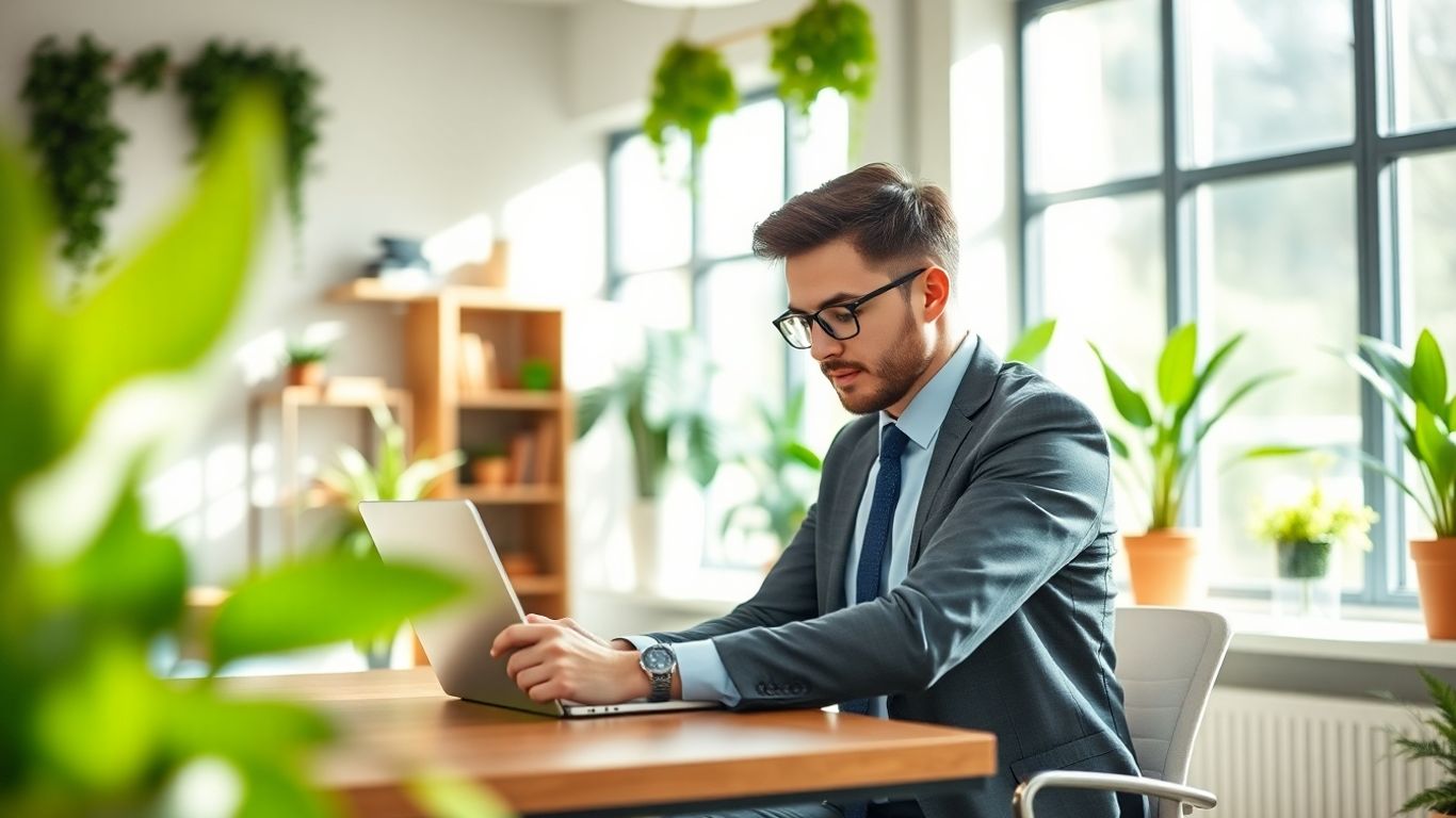 Professional consultant at desk with plants, working remotely.