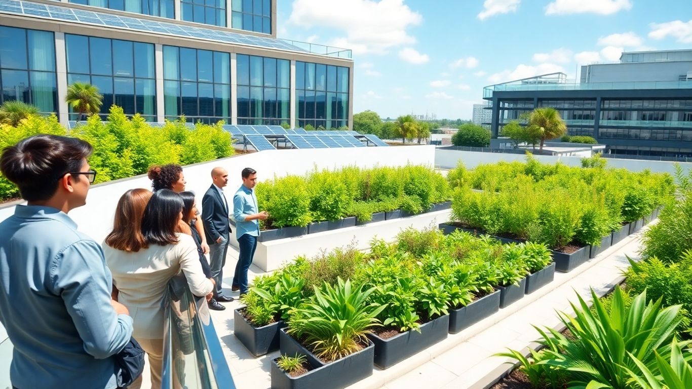 Corporate team overlooking green rooftop with solar panels