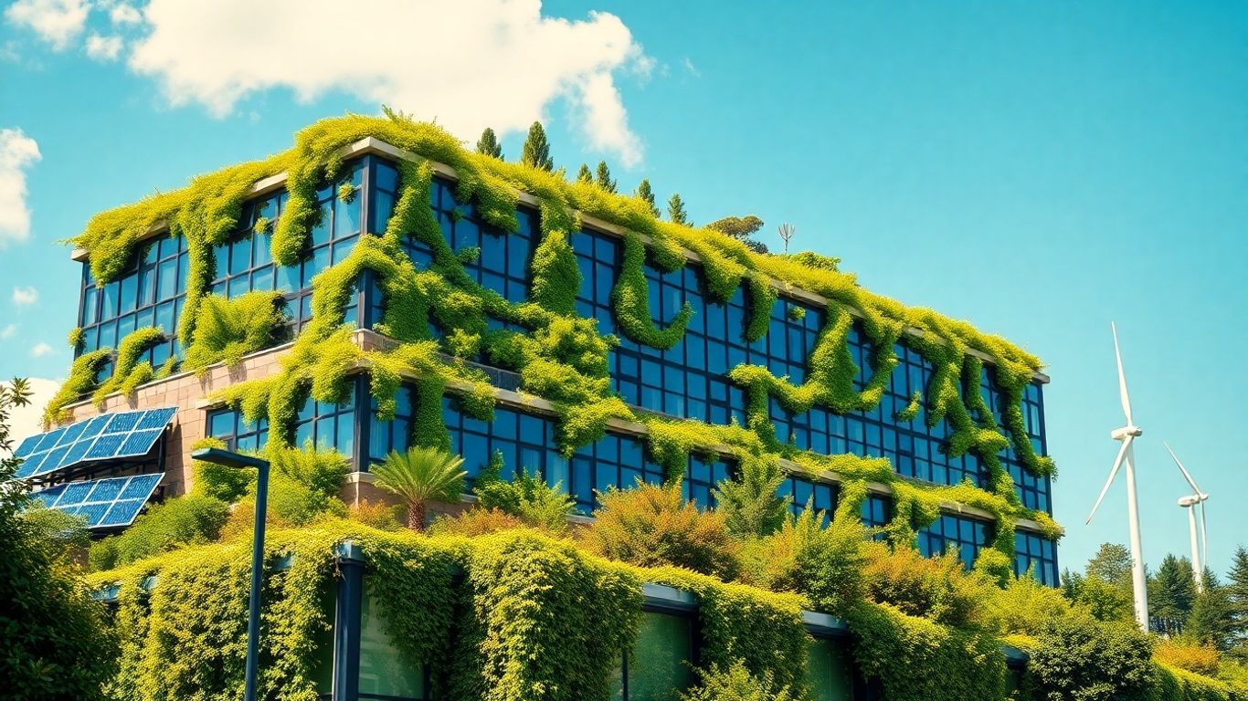 Green corporate building with rooftop gardens and solar panels