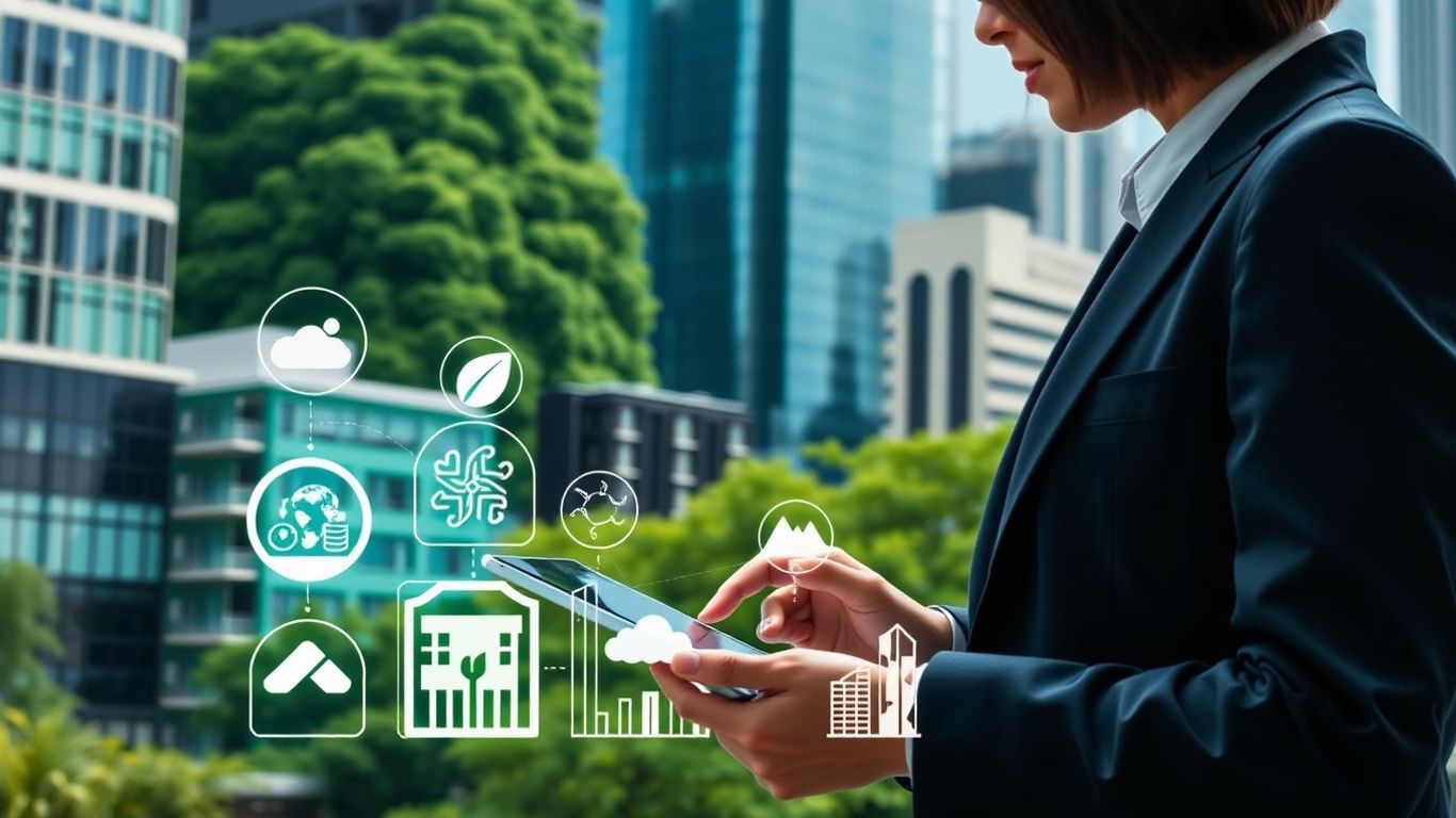 Businessperson using tablet with green cityscape and eco icons
