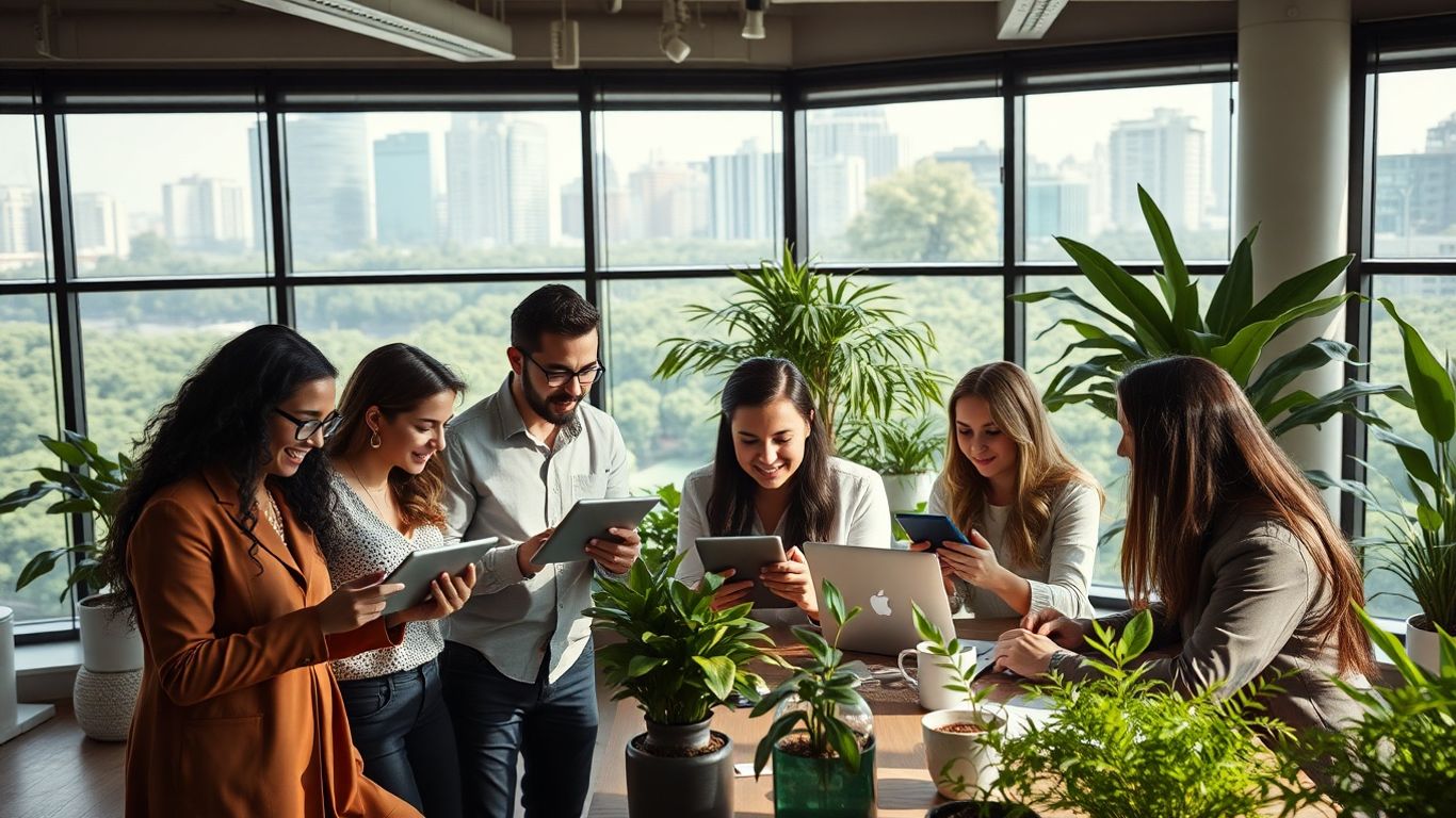 Professionals using technology in a green modern office.