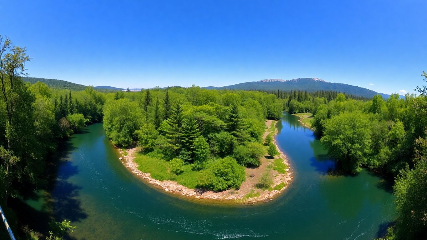 Lush watershed landscape with river and mountains.