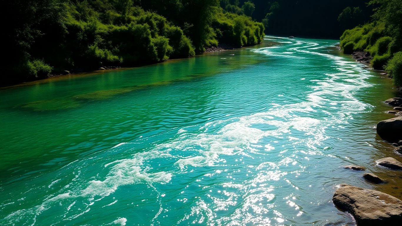 Clear river flowing through green landscape under sunlight.
