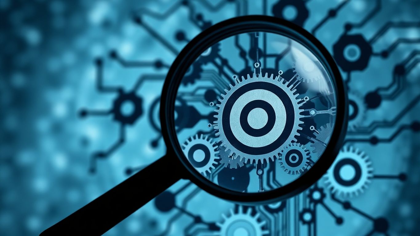 Magnifying glass over gears and circuits.