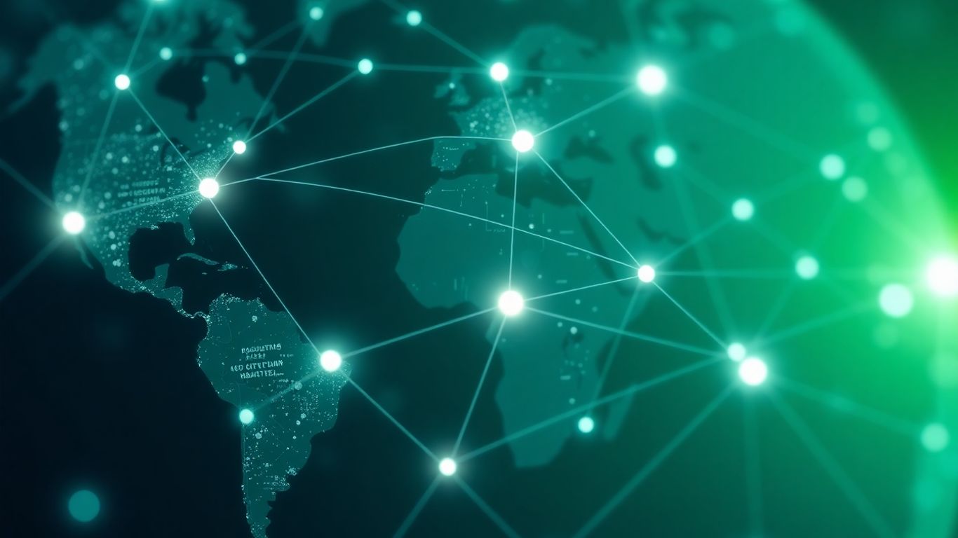 Global emissions data visualization with interconnected lines.