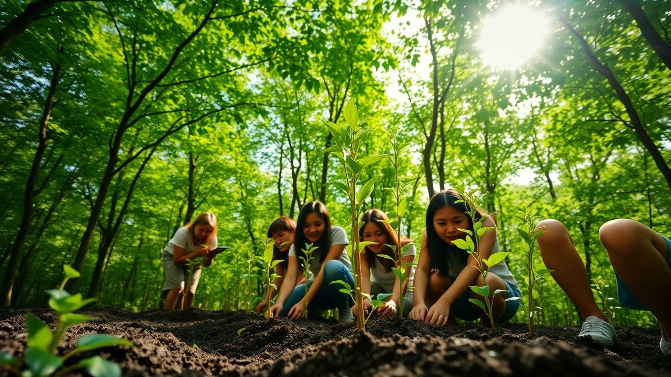 People planting trees in a sunlit forest.