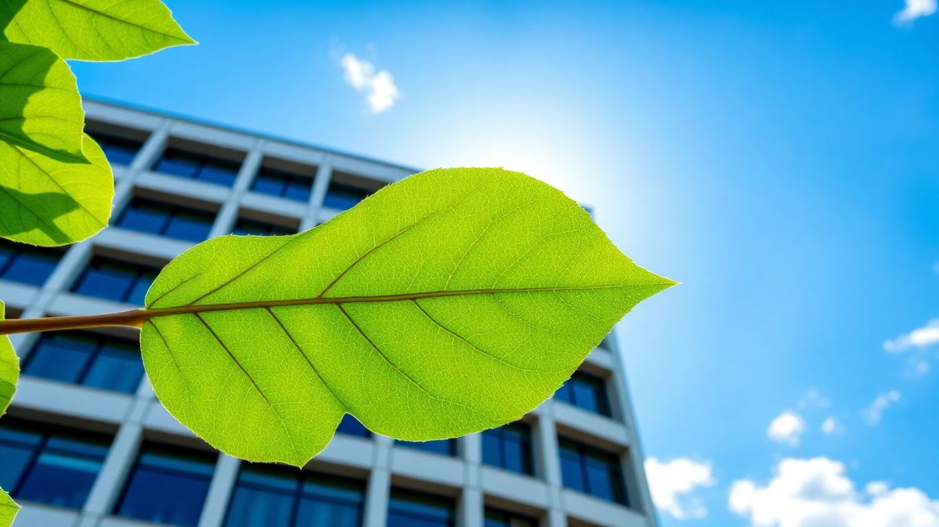Green leaf and modern building under blue sky.