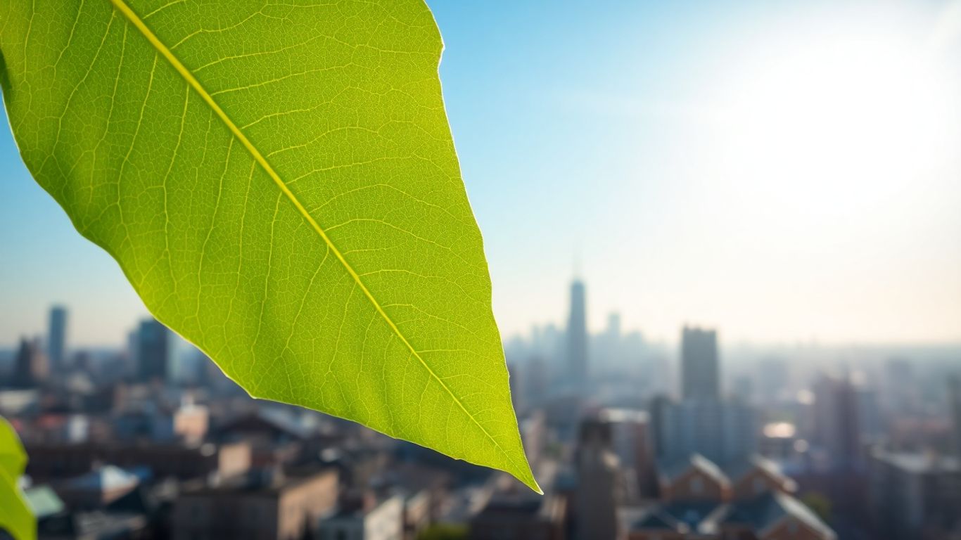 Green leaf with glowing veins against a cityscape.