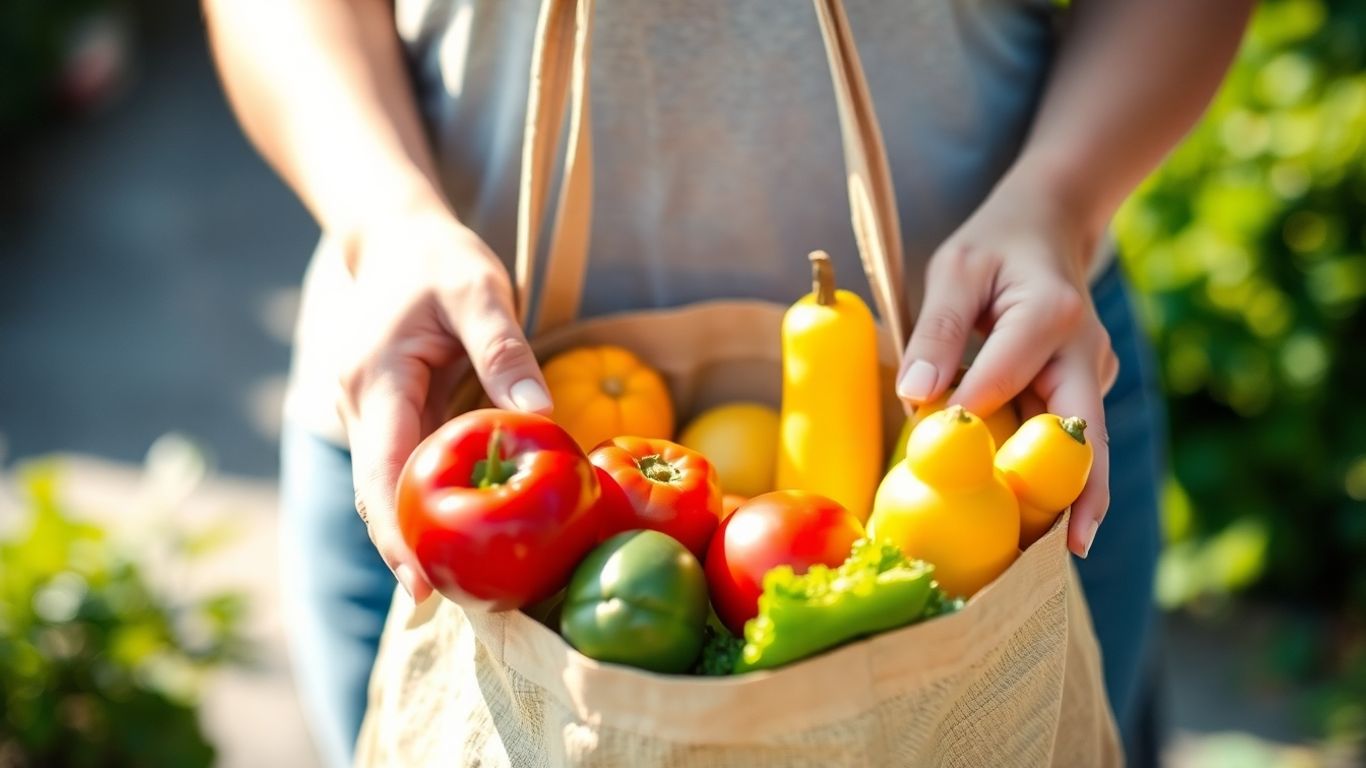 Hands holding a reusable bag of fresh produce.
