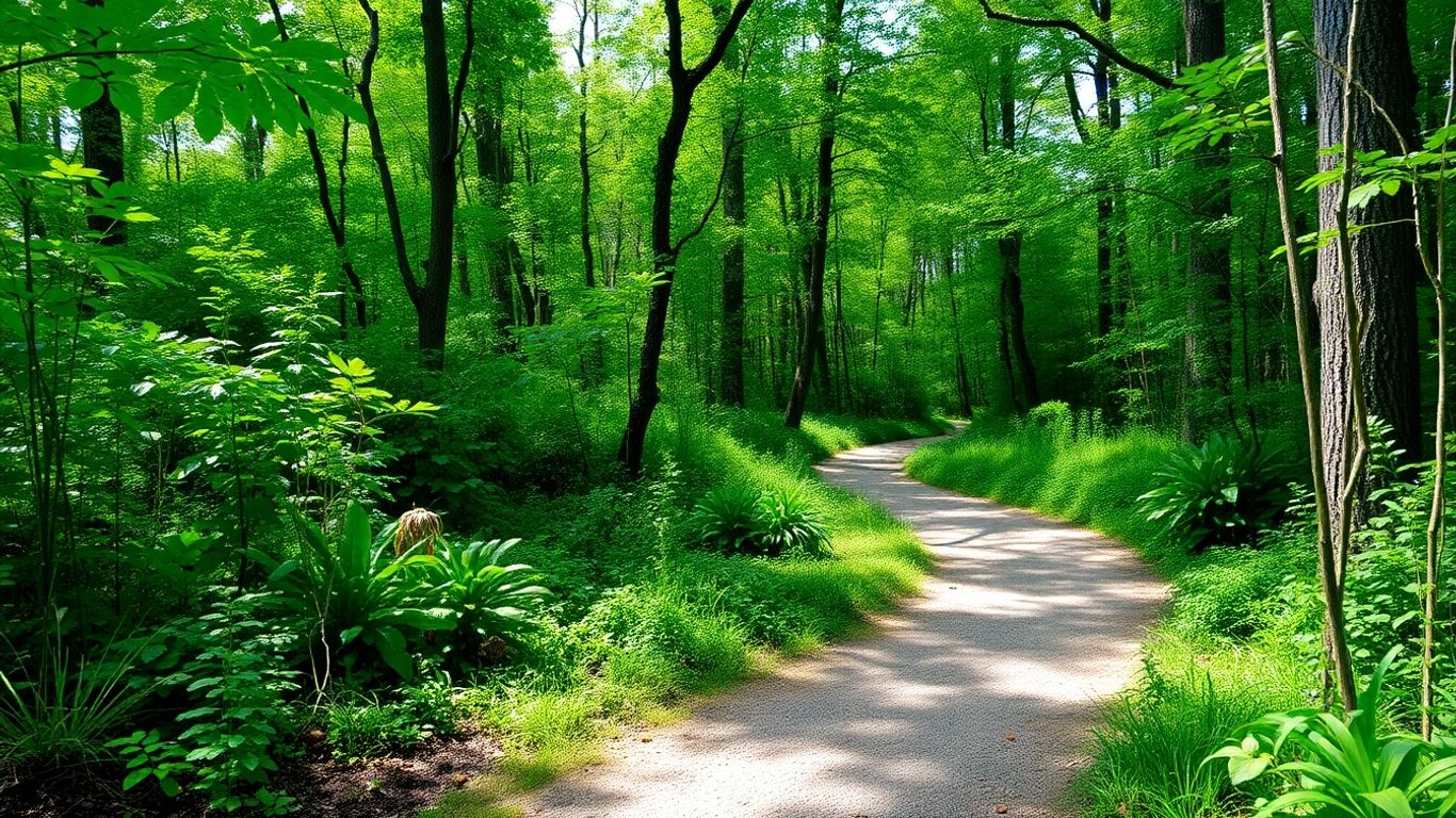Path through a green forest with sunlight.