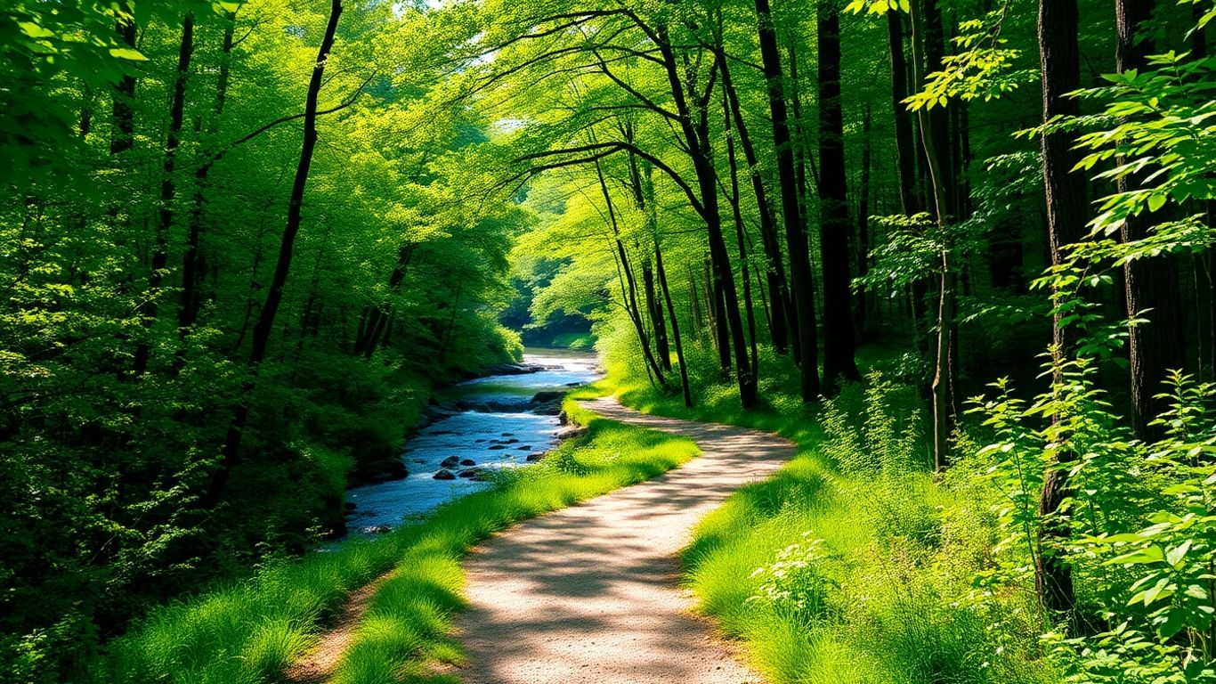 Green forest path with sunlight and a flowing stream.