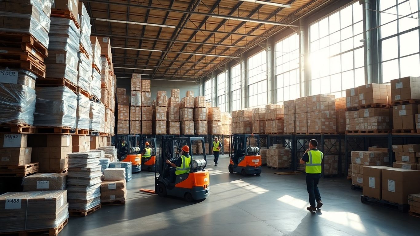 Warehouse interior with forklifts and stacked boxes.