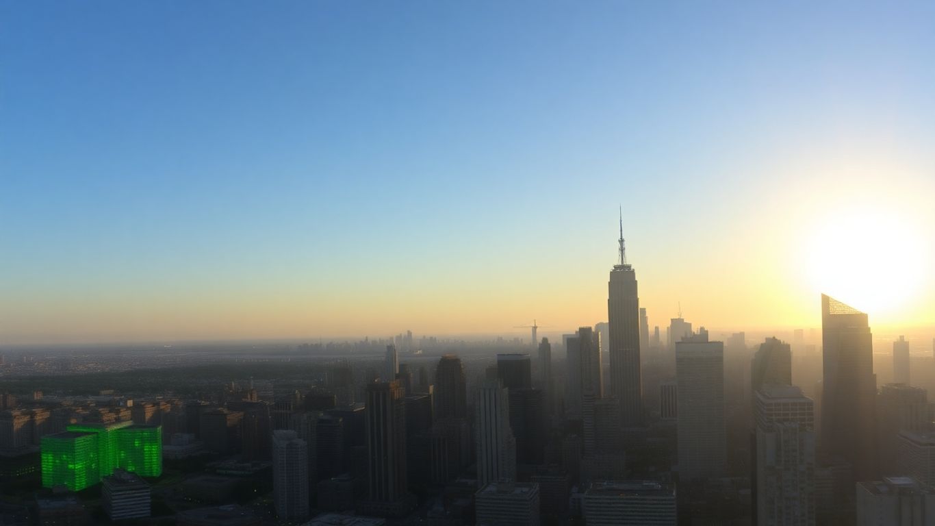 City skyline at sunrise with green light