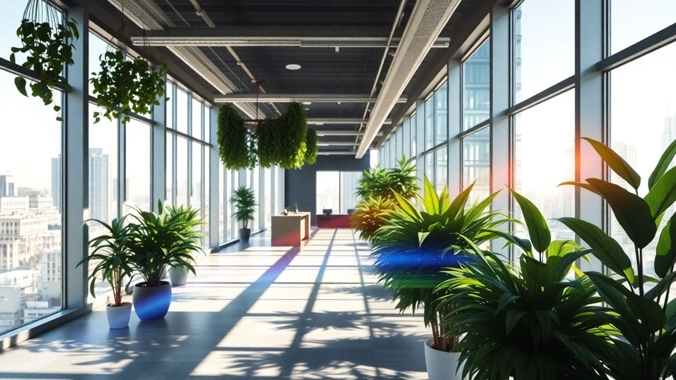 Sustainable office with plants and city view.
