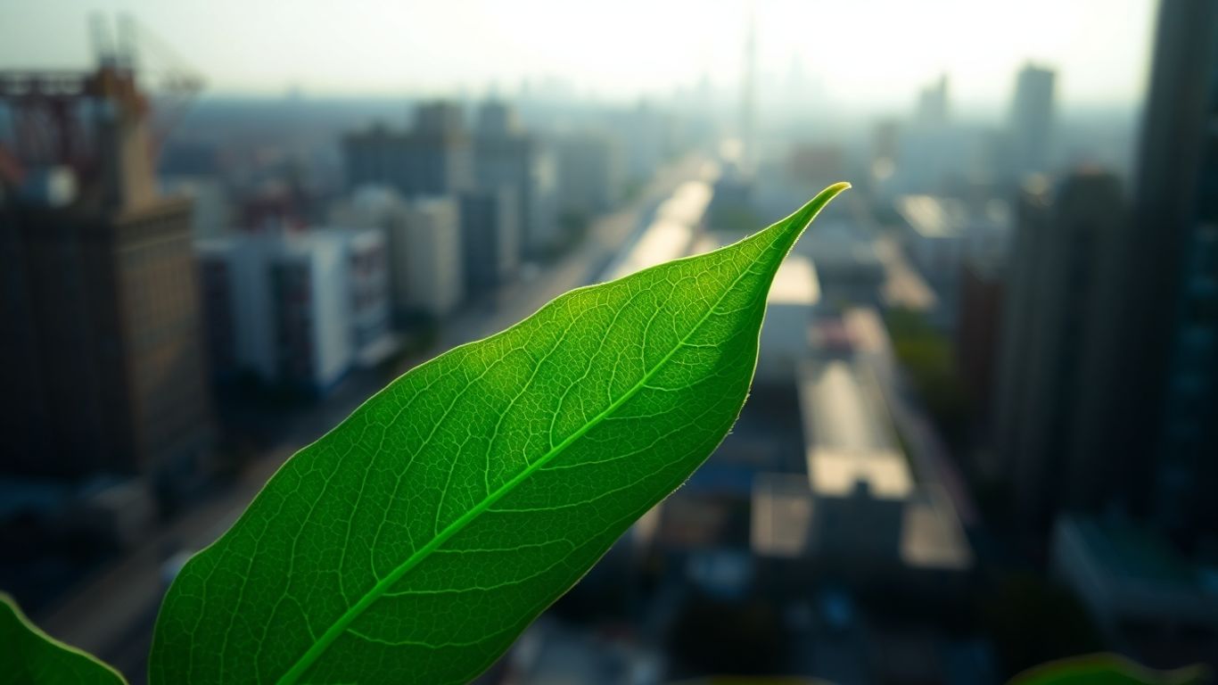 Green leaf with digital light, cityscape background.