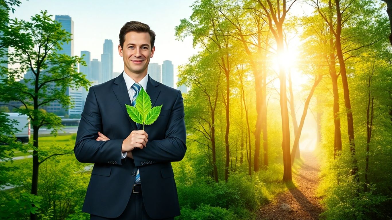 Professional holding leaf, cityscape to forest transition.