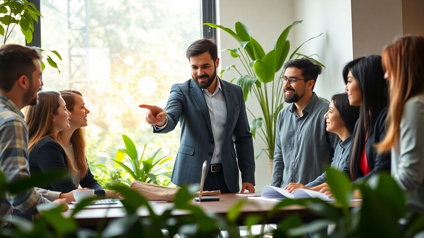 Professionals collaborating on sustainability initiatives.