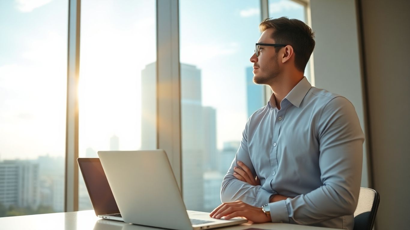 Professional looking at cityscape, symbolizing growth.