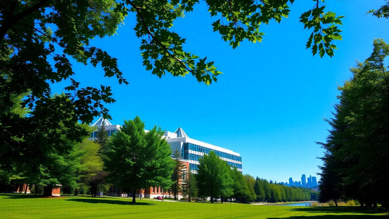 Canadian university campus with green trees and cityscape.