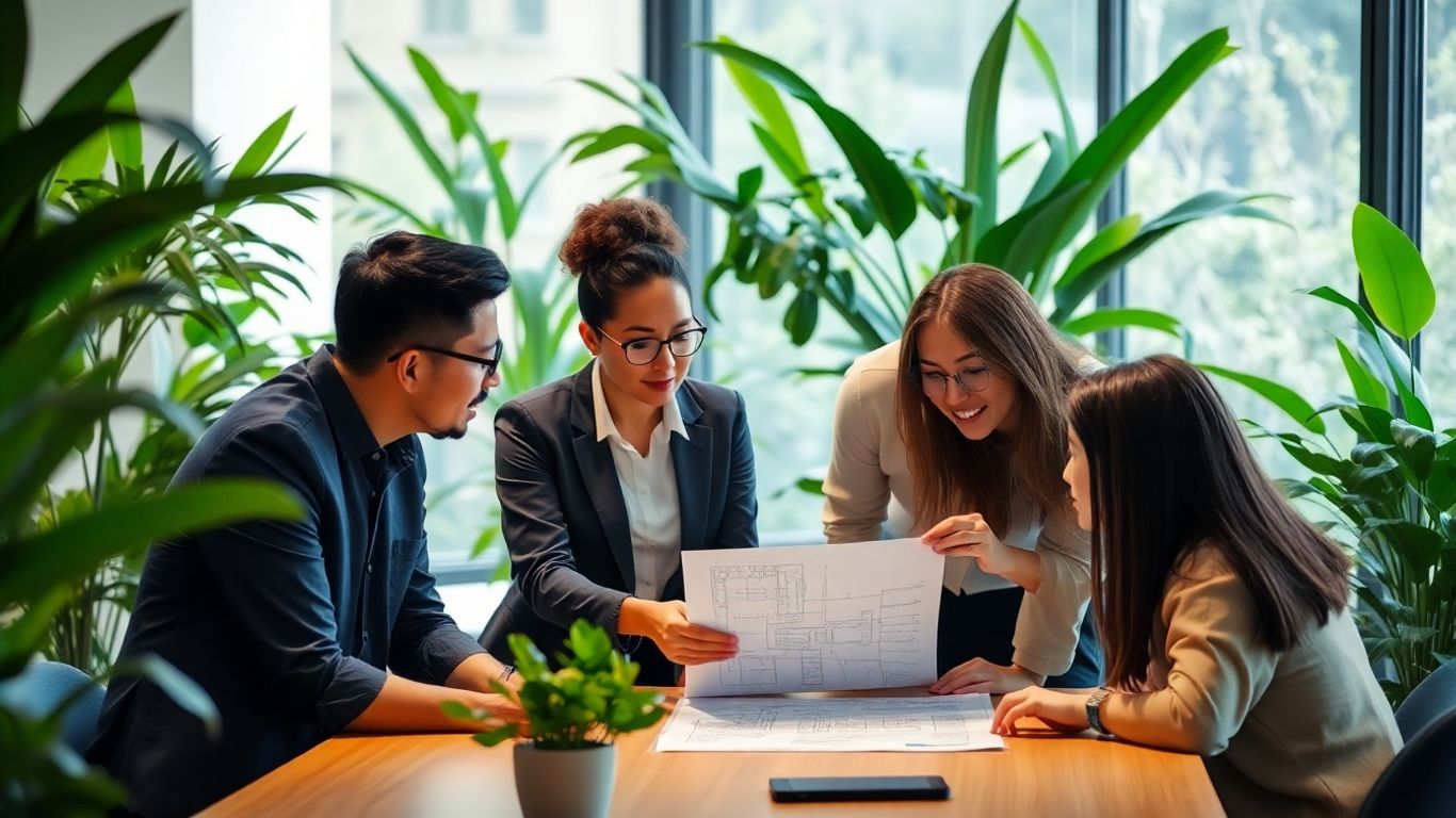 Professionals discussing sustainability in a modern, green office.