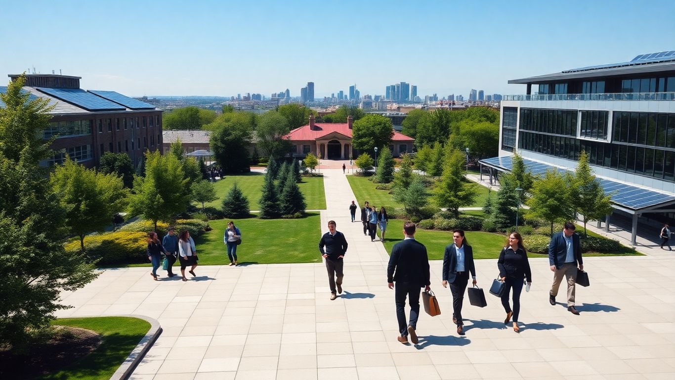 Canadian university campus with sustainable features and students.