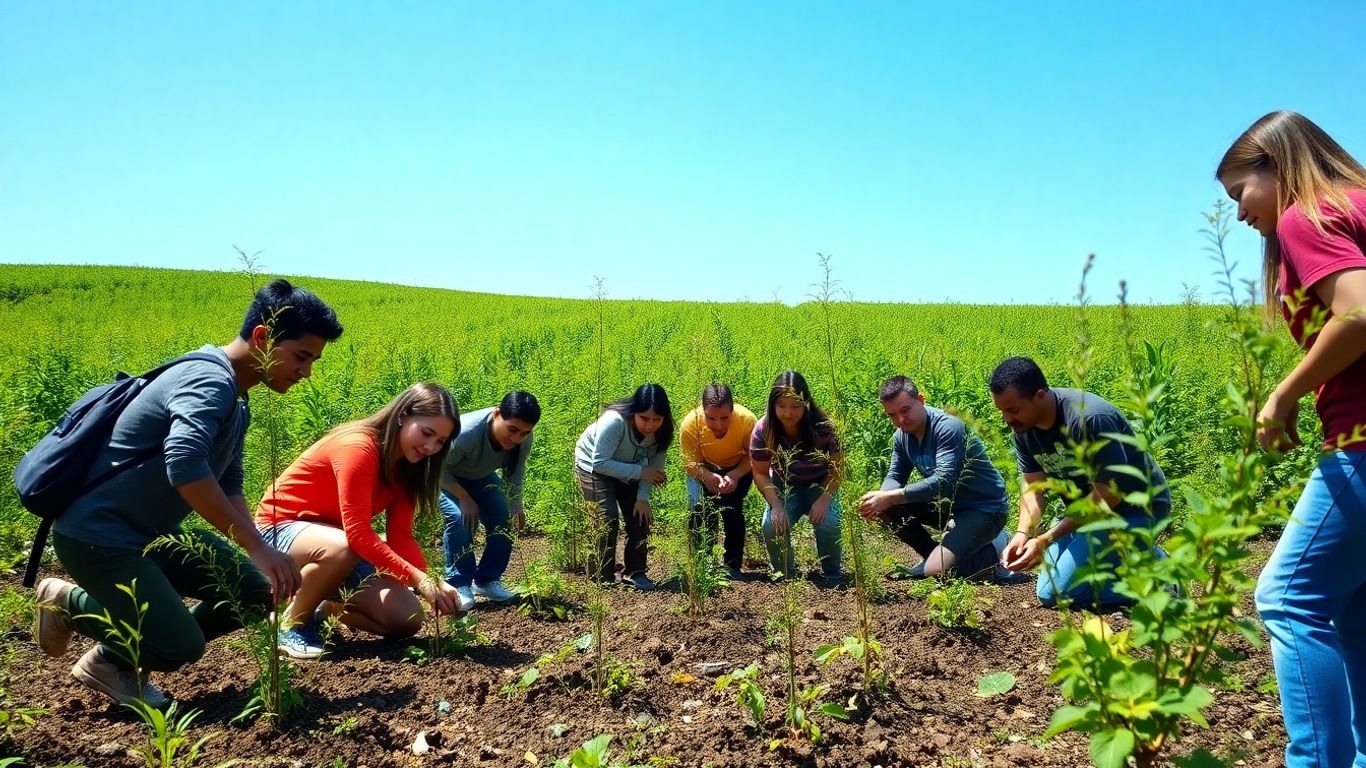 Students planting trees in a green environment.