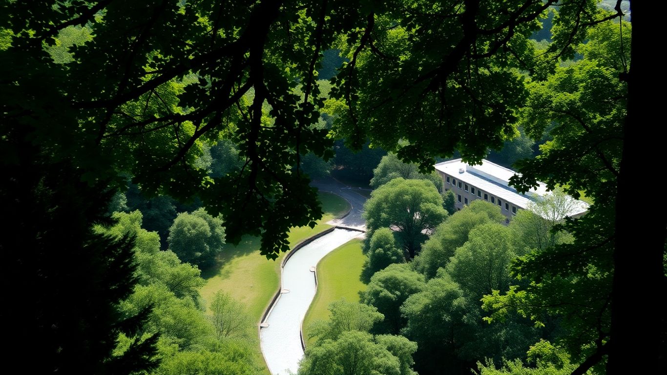 University campus surrounded by lush green forest and a river.