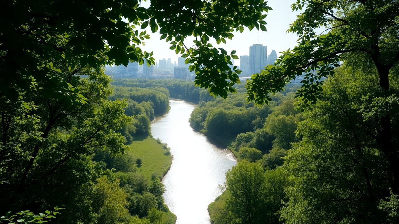 Green forest canopy with river and distant city skyline.