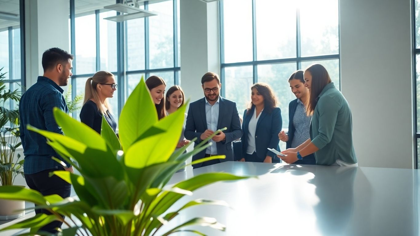Diverse team collaborating in a bright, modern office.