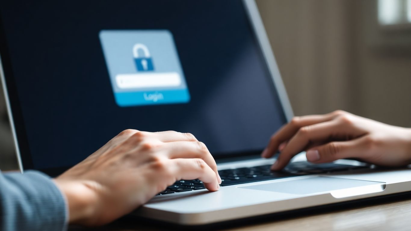 Hands typing on a laptop with a login screen.