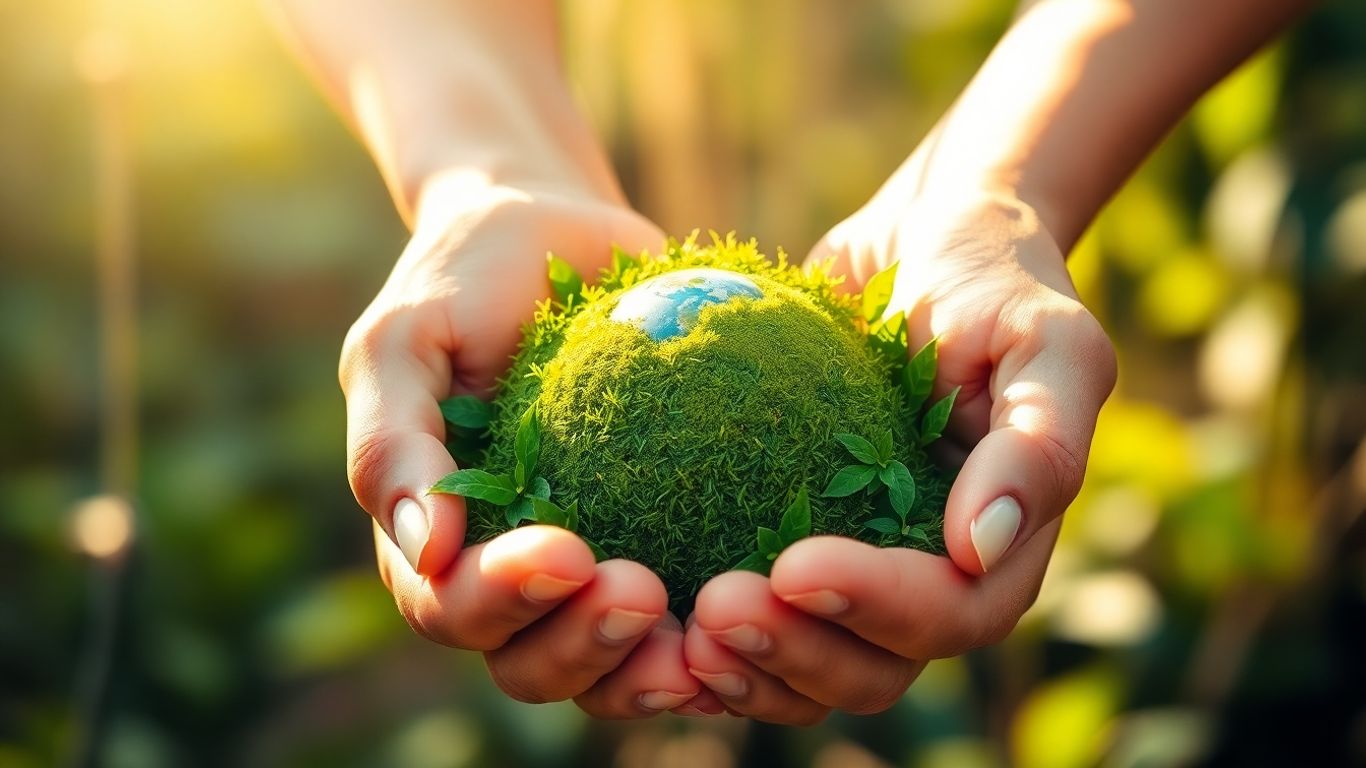 Hands holding a small, green Earth with sunlight.