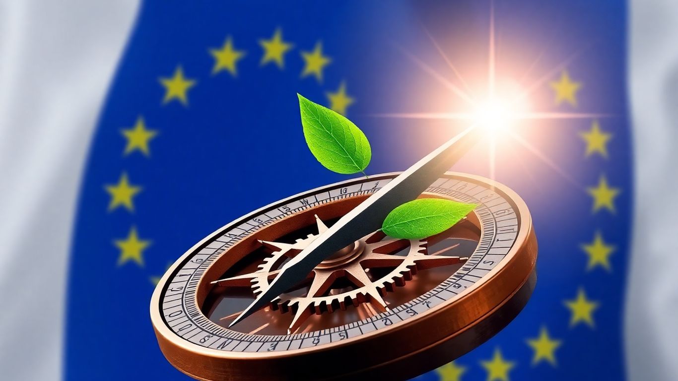 EU sustainability reporting compass with gears and leaves.