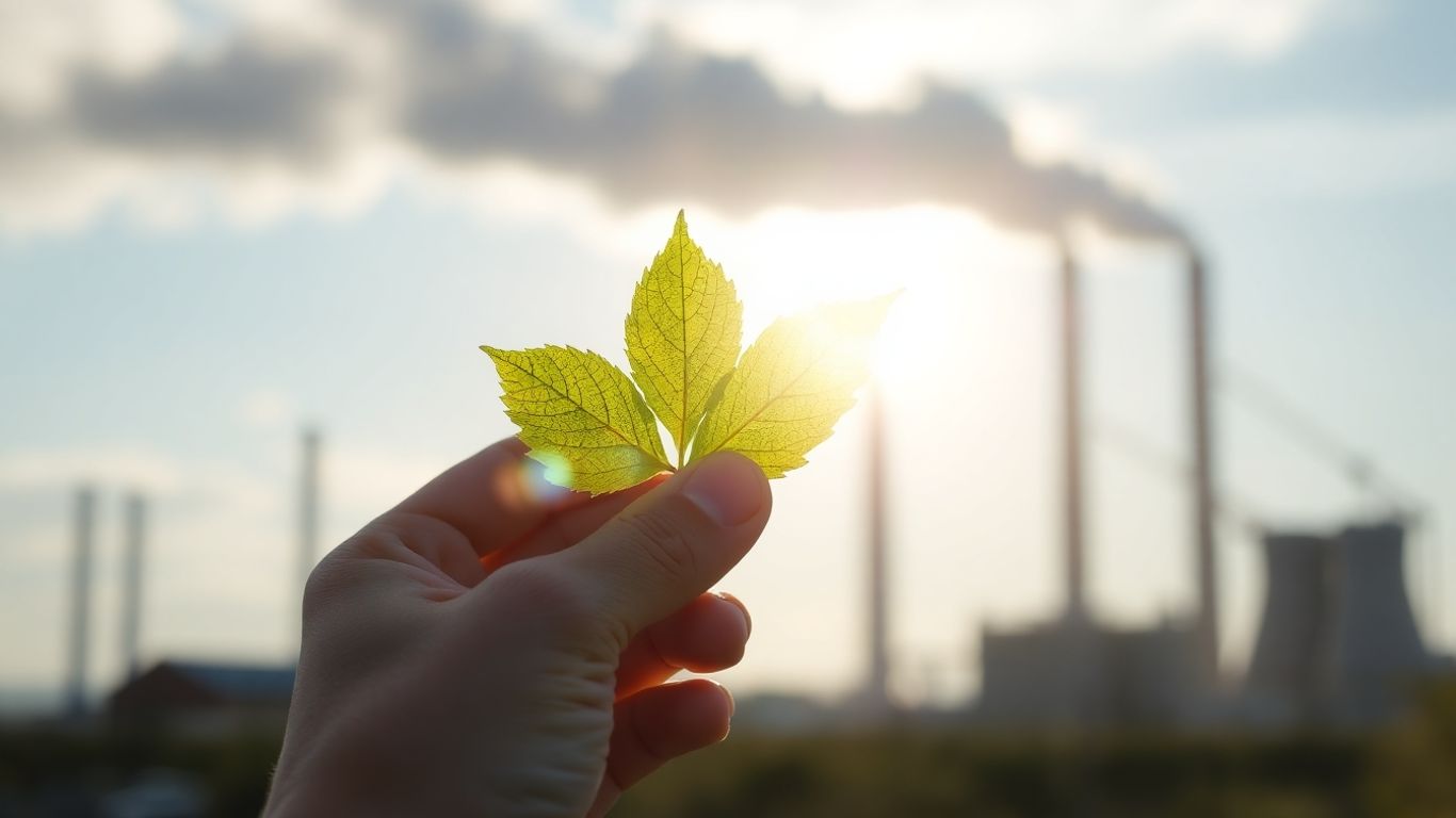 Hand holding a green leaf with smokestacks in background.